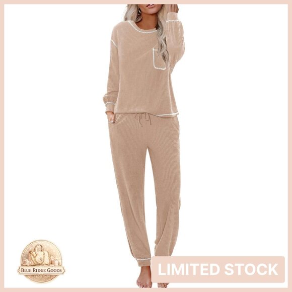 Waffle Knit Pajama Set Long Sleeve Cozy Loungewear Sleepwear Classic Chic